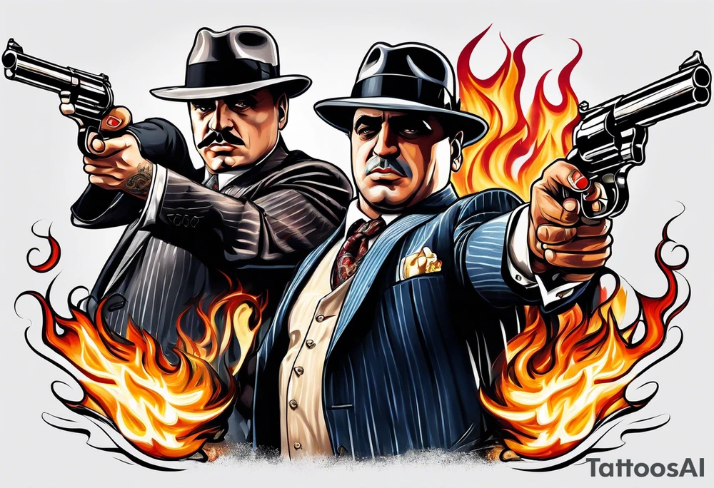 capone style gangsters having a shootout against a dark background scene with flames blues with sexy women tattoo idea