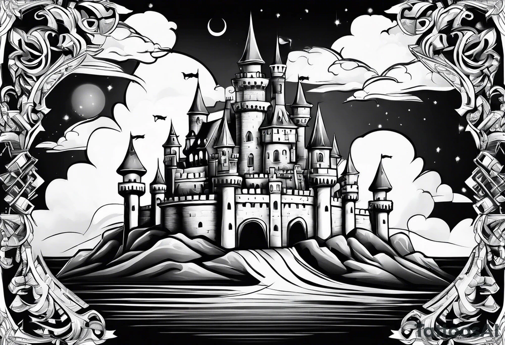 A castle floating above a crystal tattoo idea