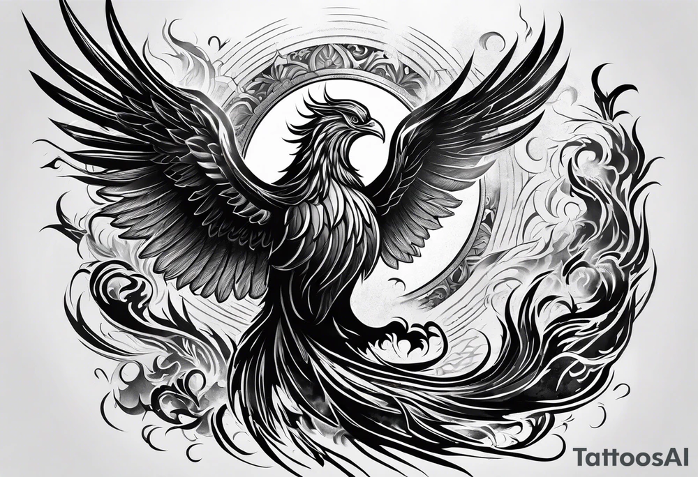 Powerful phoenix rising from the ashes of hell being its past of sin and addiction, being reborn. tattoo idea