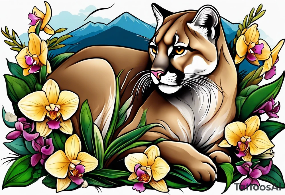 Mother mountain lion, otter and flicker bird, orchids, tattoo idea