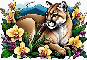 Mother mountain lion, otter and flicker bird, orchids, tattoo idea
