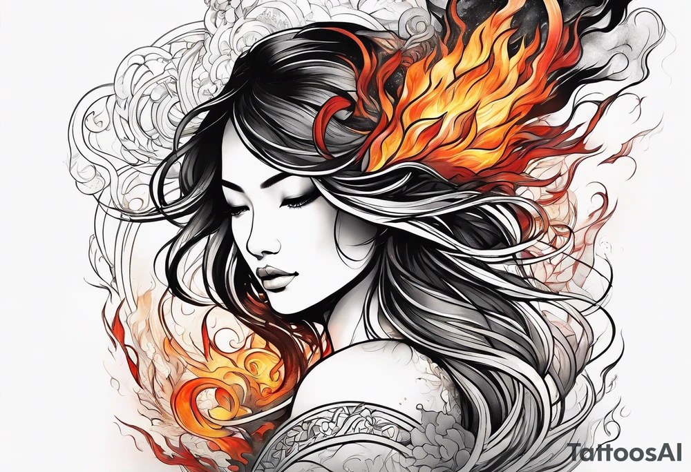 Resurrection strength and courage Beautiful Woman walking through fire and chaos to inner peace and self-love  ethereal tattoo idea
