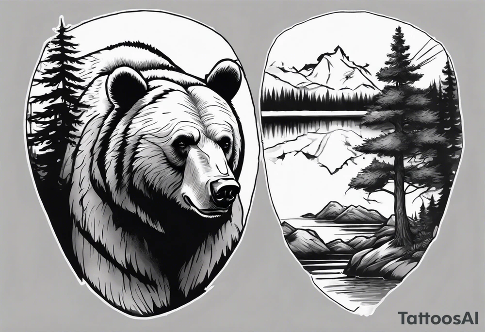 bear head right above the forest line with a lake below, full arm sleeve tattoo tattoo idea