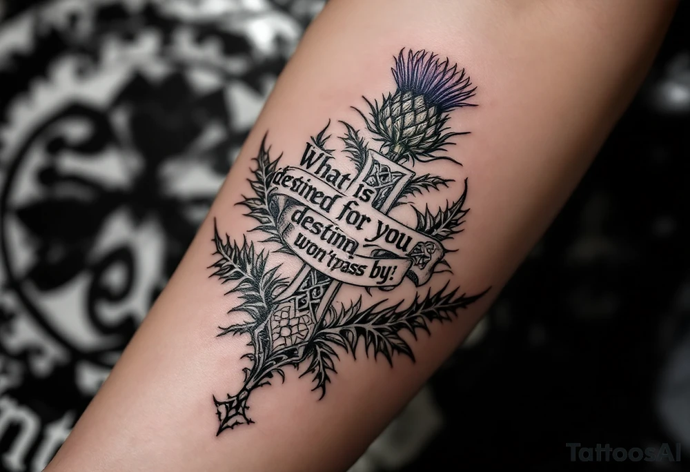 include the Scottish Gaelic translation of, "What is destined for you won't pass you by" and the Scottish thistle along with a Scottish Celtic cross. To be tattooed on the forearm tattoo idea