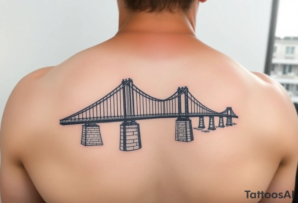 Fine line tattoo of the fort Duquesne bridge with vintage vibes, small and place it on left arm, just above the elbow tattoo idea