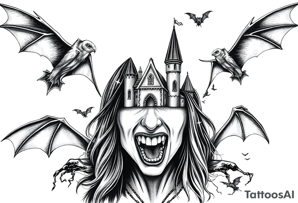 female vampire,bats,old castle,teeth. tattoo idea