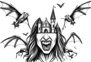 female vampire,bats,old castle,teeth. tattoo idea