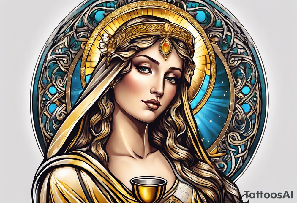 holy saint woman with golden halo holding a chalice tattoo idea