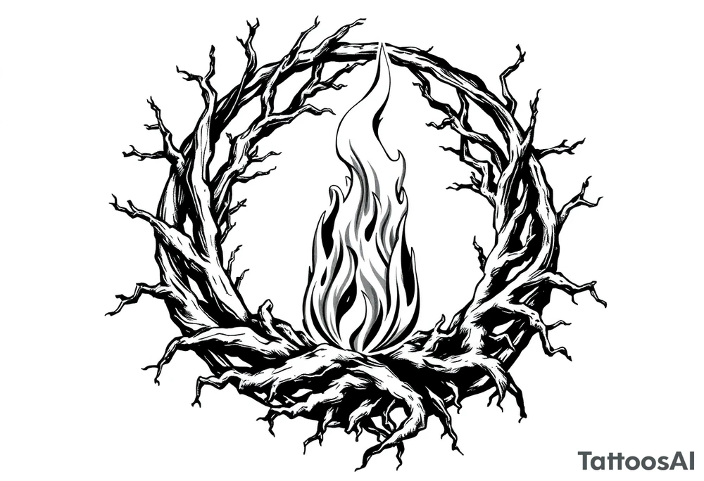 a flame imprisoned in a roots circle tattoo idea