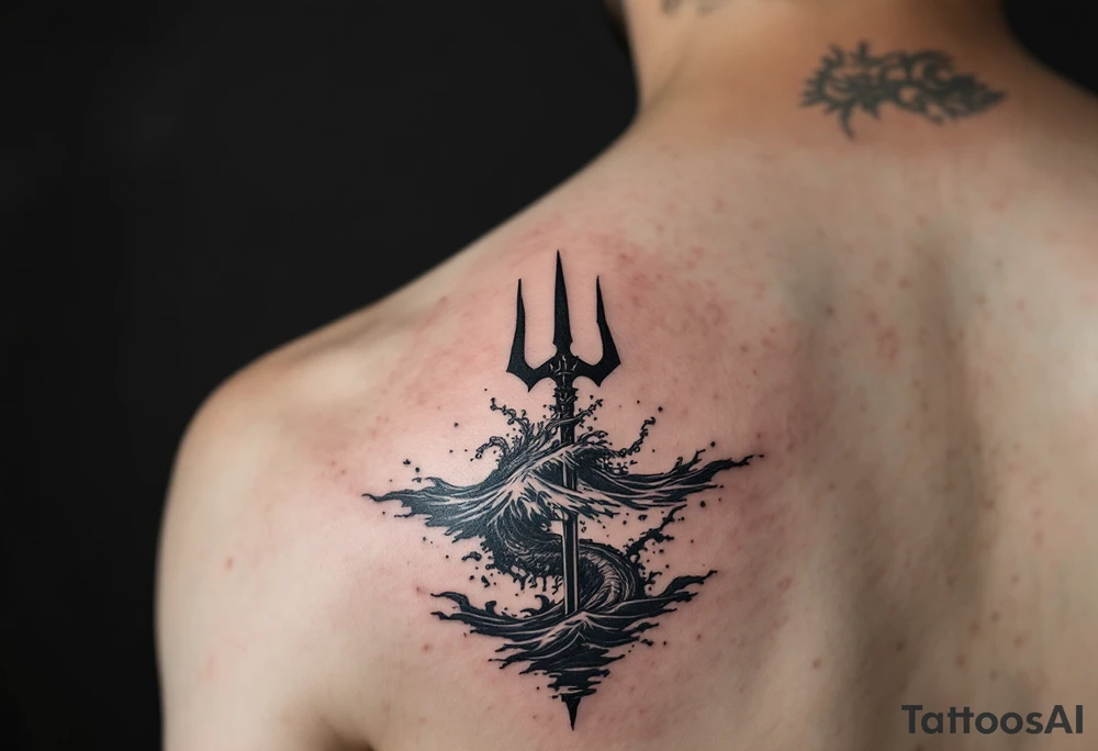 trident half way under water tattoo idea