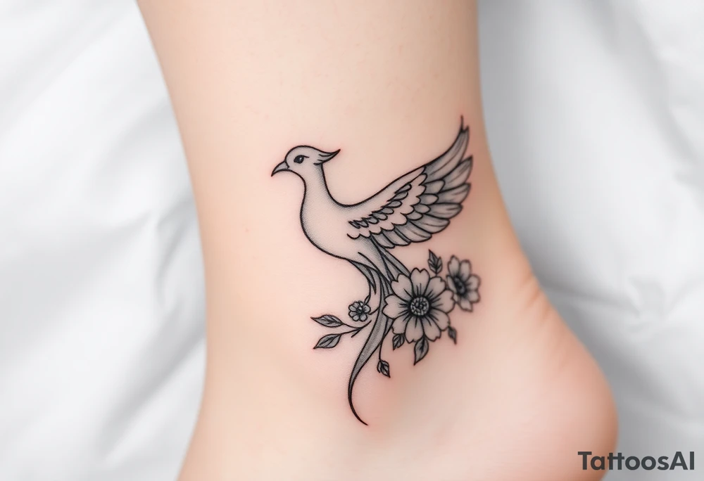 a delicate phoenix, with some flowers tattoo idea
