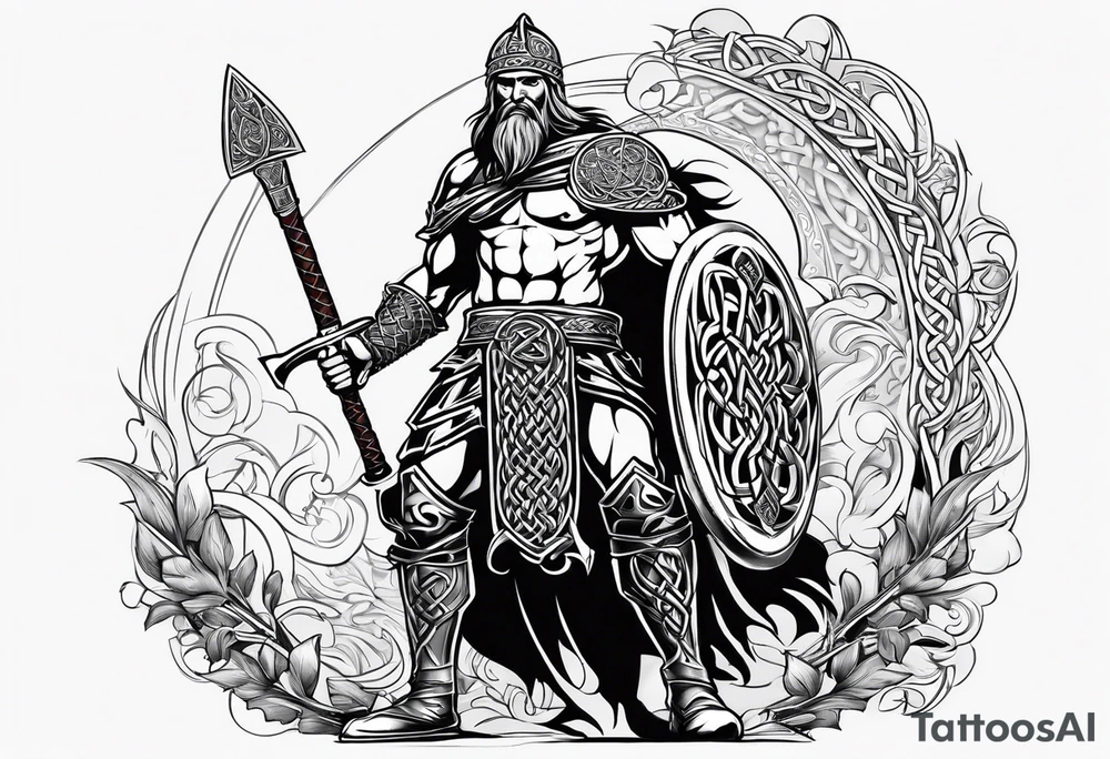 Side full body shot of Celtic warrior with sword and axe. tattoo idea