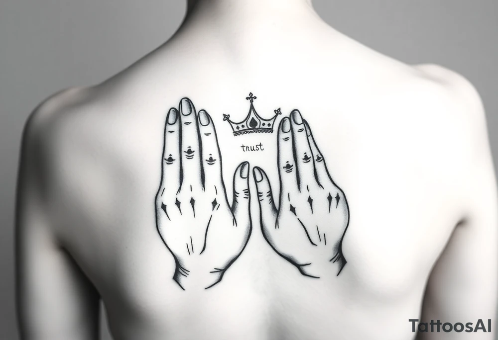 Prayer hands together trust, believe, crown tattoo idea