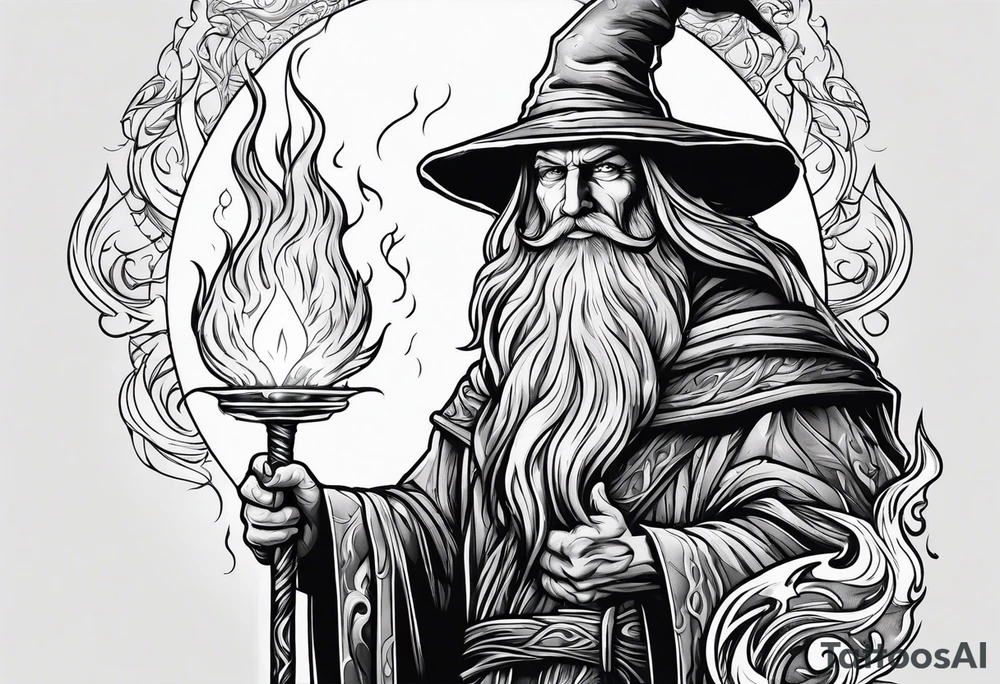 Wizard wrapped in flames and carrying a staff with a shining gem on top tattoo idea