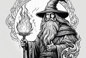 Wizard wrapped in flames and carrying a staff with a shining gem on top tattoo idea