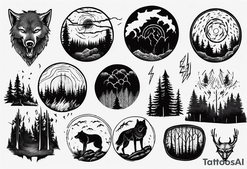 a thunder and lightning storm over a forest with a distant wolf howling and a drum circle tattoo idea