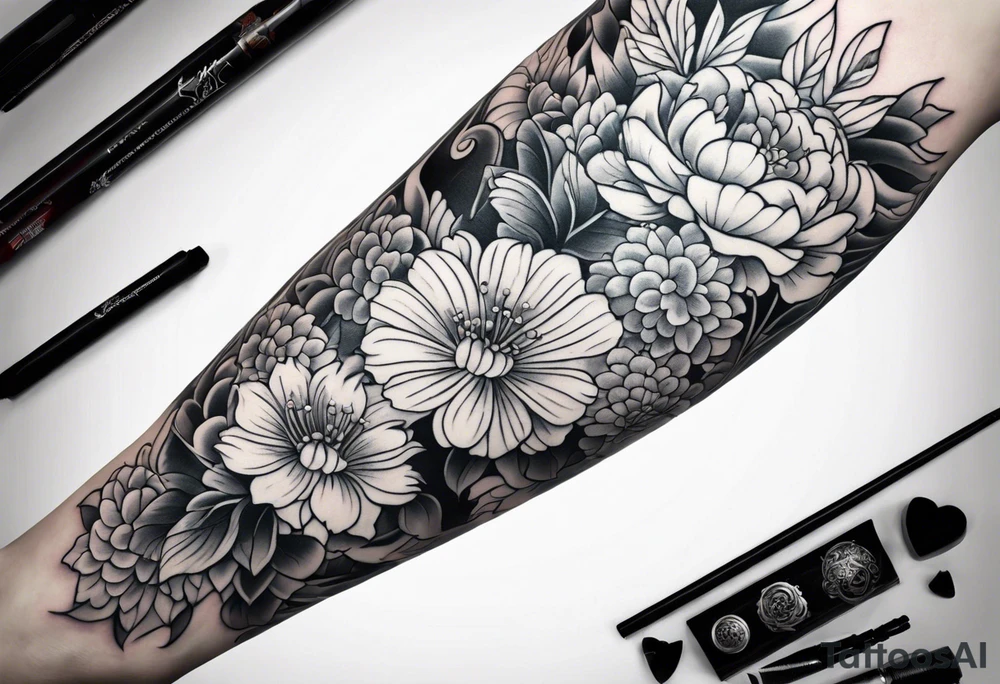 Japanese traditional style
leg sleeve with a bird and flowers tattoo idea