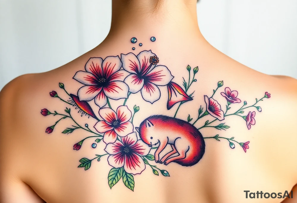 vintage bouquet of wild hibiscus
 and meadow flowers with morning dew and a fox tattoo idea