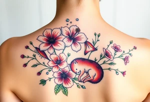 vintage bouquet of wild hibiscus
 and meadow flowers with morning dew and a fox tattoo idea