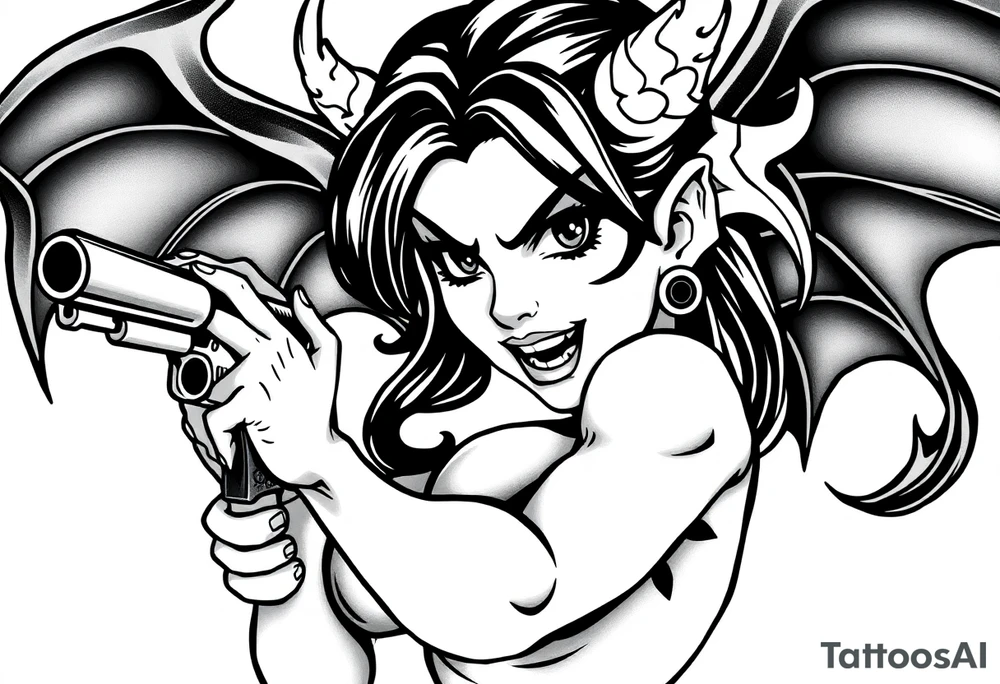 angry succubus holding gun, anime tattoo idea