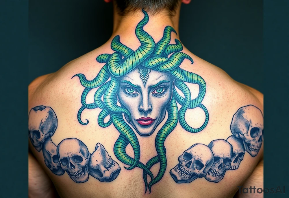 A detailed Medusa portrait with emerald-green serpents, her gaze hypnotic, surrounded by shattered stone faces of her victims tattoo idea