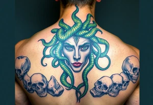 A detailed Medusa portrait with emerald-green serpents, her gaze hypnotic, surrounded by shattered stone faces of her victims tattoo idea