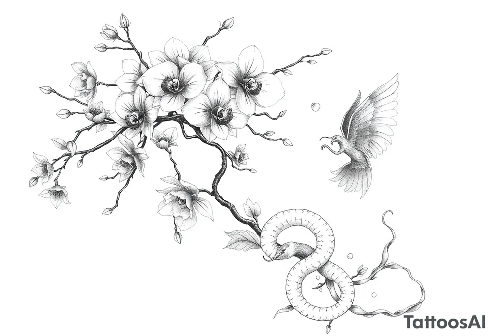 Orchid or cherry blossom tree and lotus and snake and angels on a woman tattoo idea