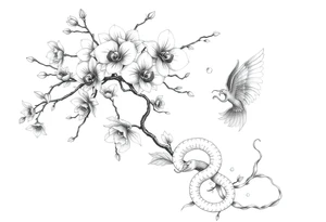 Orchid or cherry blossom tree and lotus and snake and angels on a woman tattoo idea