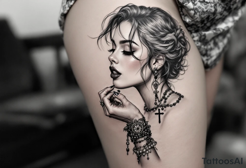 Profile of sexy woman with messy hair 
,resting chin on fist 
, mouth open  , lace, lipstick,  pearls 
compass and  hand gun  rosary wrapped around hand tattoo idea