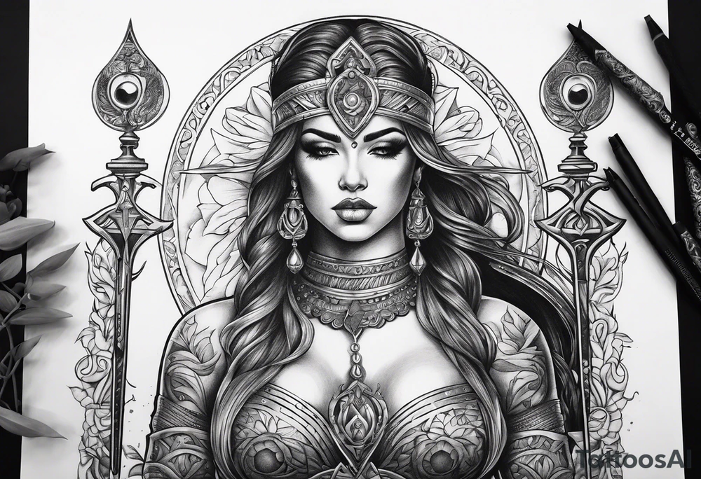 Blind folded goddess with libra and dagger tattoo idea