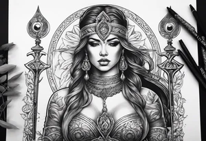 Blind folded goddess with libra and dagger tattoo idea