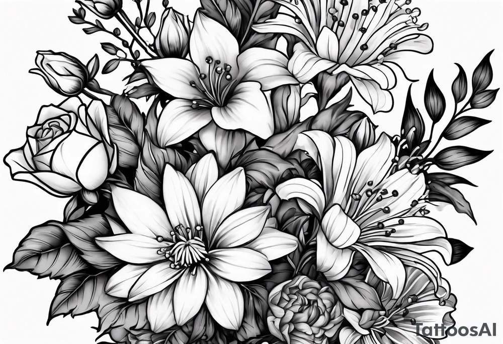 Asters, roses, lily of the valley, and chrysanthemums in a long line tattoo idea