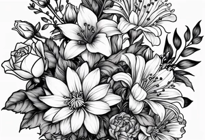 Asters, roses, lily of the valley, and chrysanthemums in a long line tattoo idea