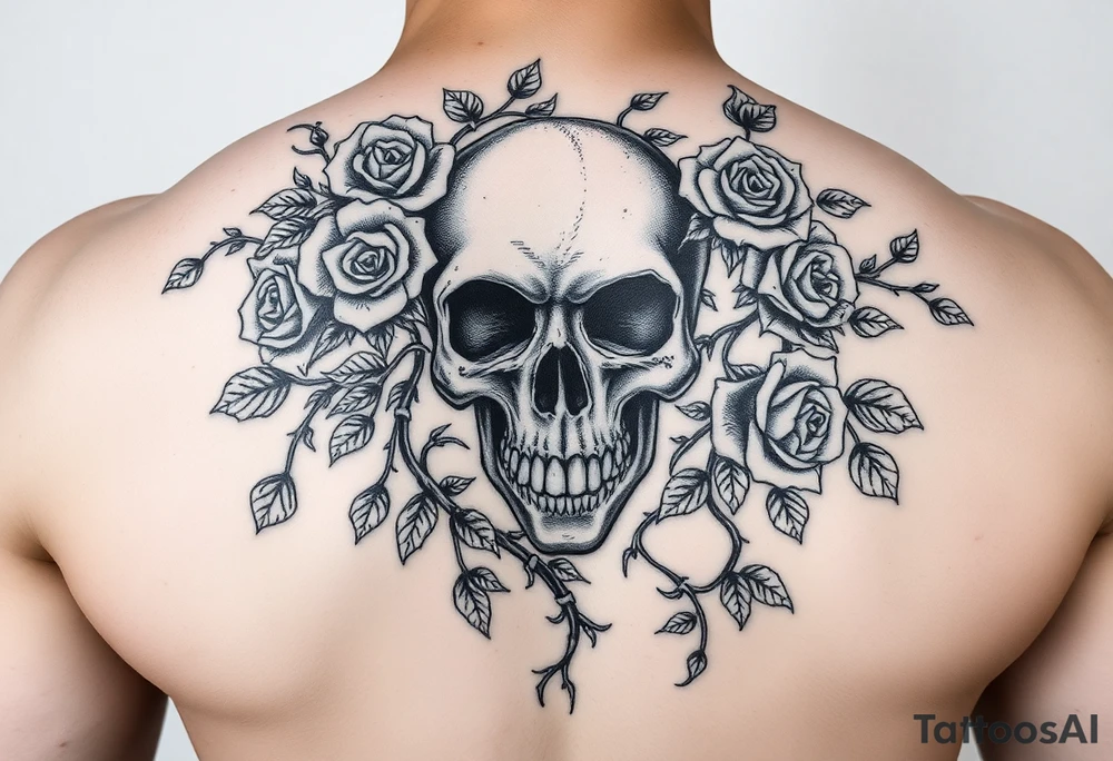 gothic skull intertwined with climbing roses and thorny vines tattoo idea