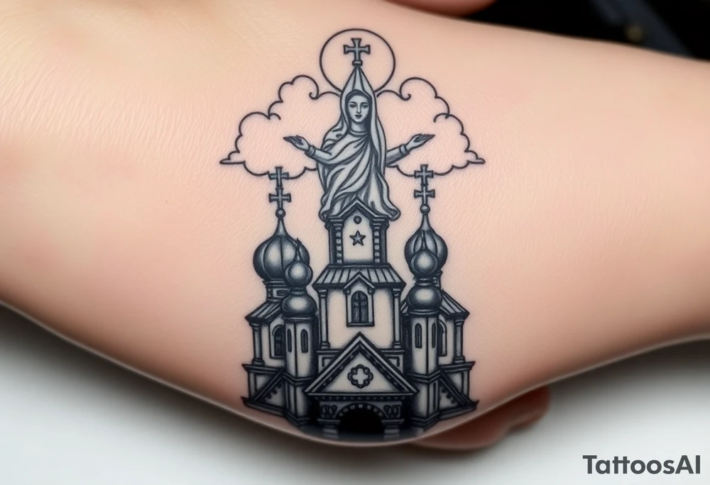 Russian Orthodox church with orthodox spire crosses, with clouds above it and a virgin mary seperately over looking sat above tattoo idea