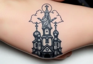 Russian Orthodox church with orthodox spire crosses, with clouds above it and a virgin mary seperately over looking sat above tattoo idea