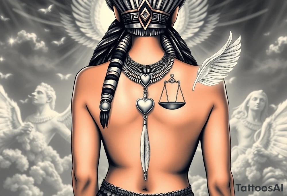 Sexy Egyptian goddess with a curvy body, breasts showing, and wide hips. She is wearing an ostrich feather headdress, and intricate ancient Egyptian jewelry the Anhk necklace. Background includes something similar to heaven. Incorporate the Scales of Justice—one side holding a heart, the other Ma’at’s feather—glowing with ethereal energy. Emphasize dramatic lighting, deep shadows, and surreal, mystical atmosphere tattoo idea