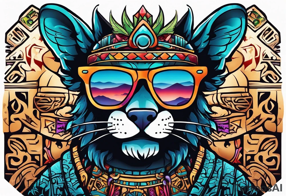 Colorful Mayan hieroglyph wearing sunglasses with bats and water tattoo idea