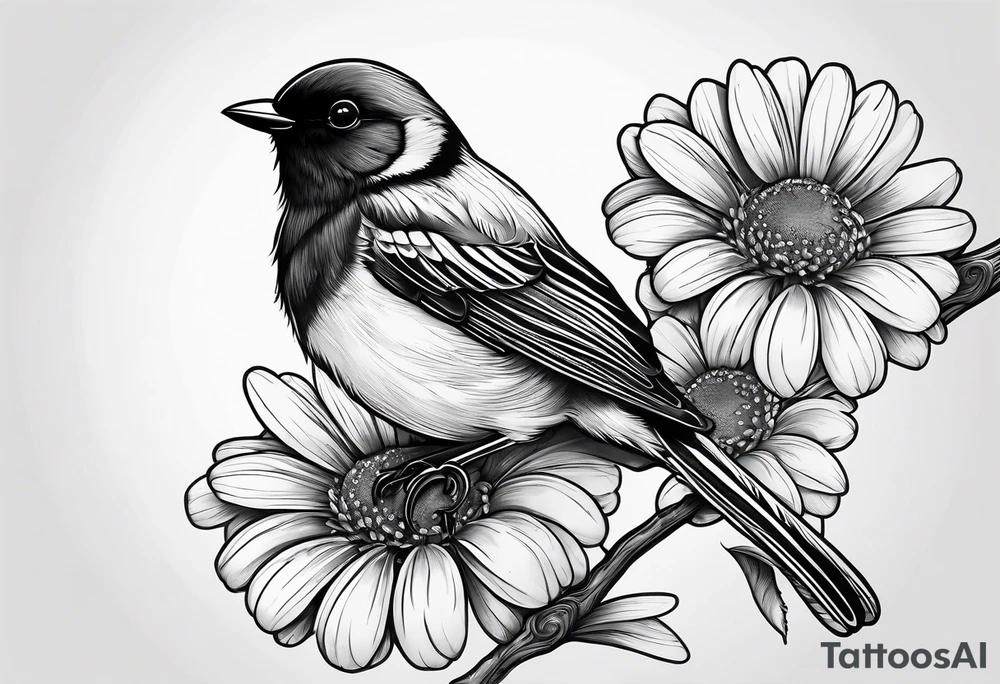 Black and white little bird, sitting on a branch holding a daisy tattoo idea