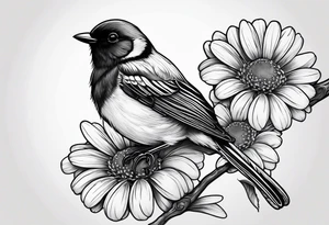 Black and white little bird, sitting on a branch holding a daisy tattoo idea