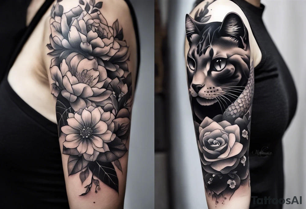 Tattoo sleeve with these items: a snake, a small flower skull, a cat with thunder cloud, and flowers. in between each of the these items is smokey dot work tattoo idea