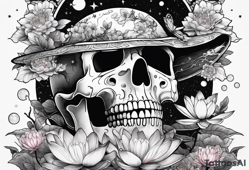 skeleton wearing lab coat, water lily, cherry blossoms, space and stars tattoo idea