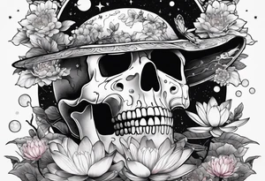 skeleton wearing lab coat, water lily, cherry blossoms, space and stars tattoo idea