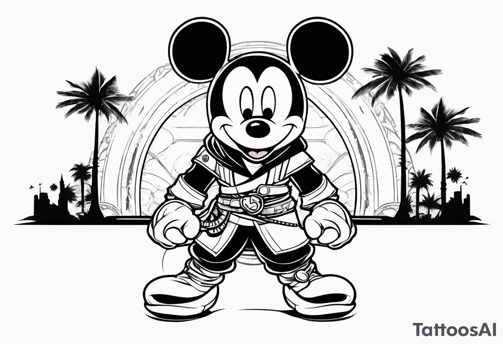 mickey mouse assassins creed character that is in the style of tron with palm trees tattoo idea