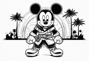 mickey mouse assassins creed character that is in the style of tron with palm trees tattoo idea