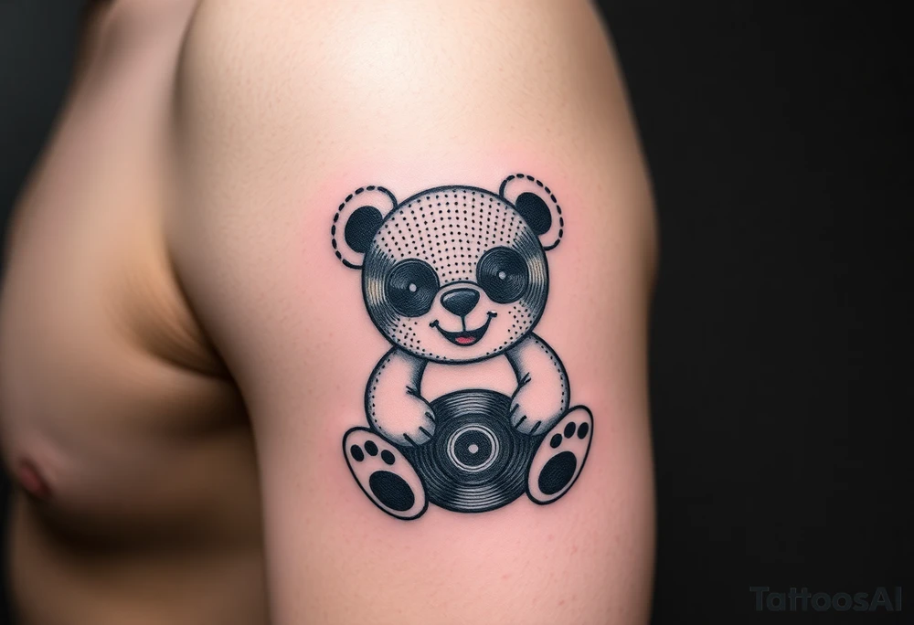 minimalist teddy bear with vinyl records as eyes smiling and sitting on a record tattoo idea