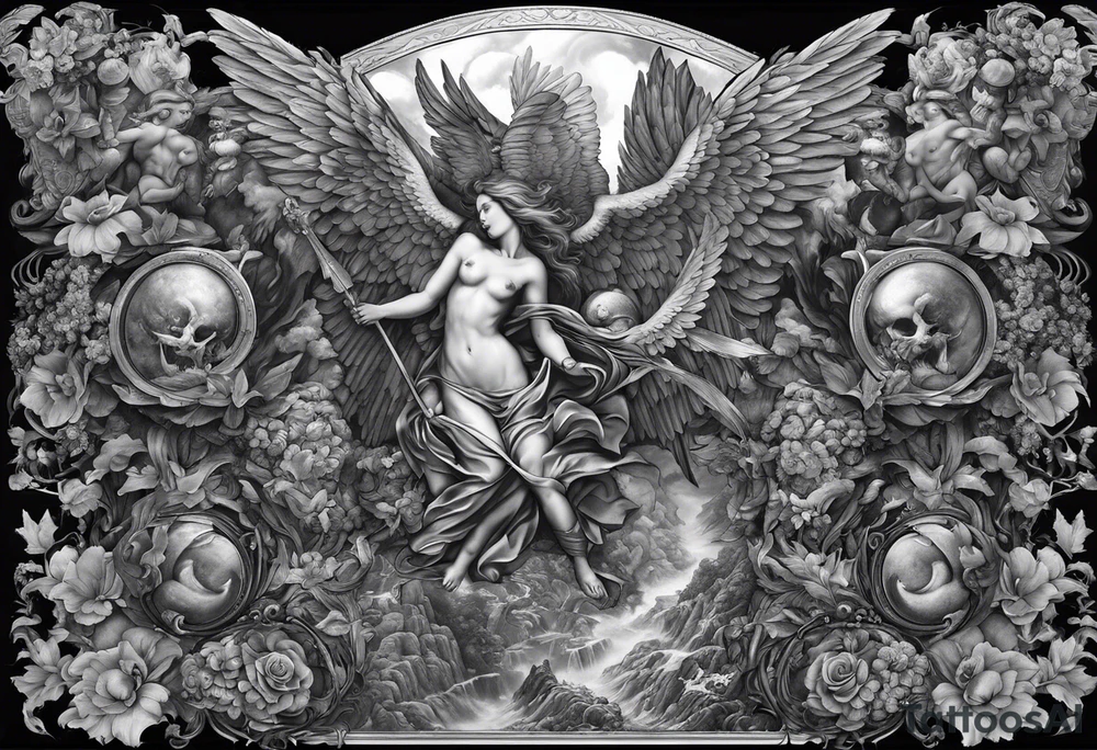 Full back piece depicting the war between angels above and demons below. Make the angels biblically accurate such as seraphim, ophanim, virtues, etc tattoo idea