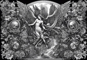 Full back piece depicting the war between angels above and demons below. Make the angels biblically accurate such as seraphim, ophanim, virtues, etc tattoo idea