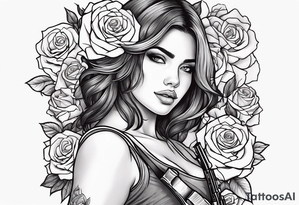 Beautiful woman angle holding a AK 47 surrounded by roses tattoo idea