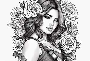 Beautiful woman angle holding a AK 47 surrounded by roses tattoo idea